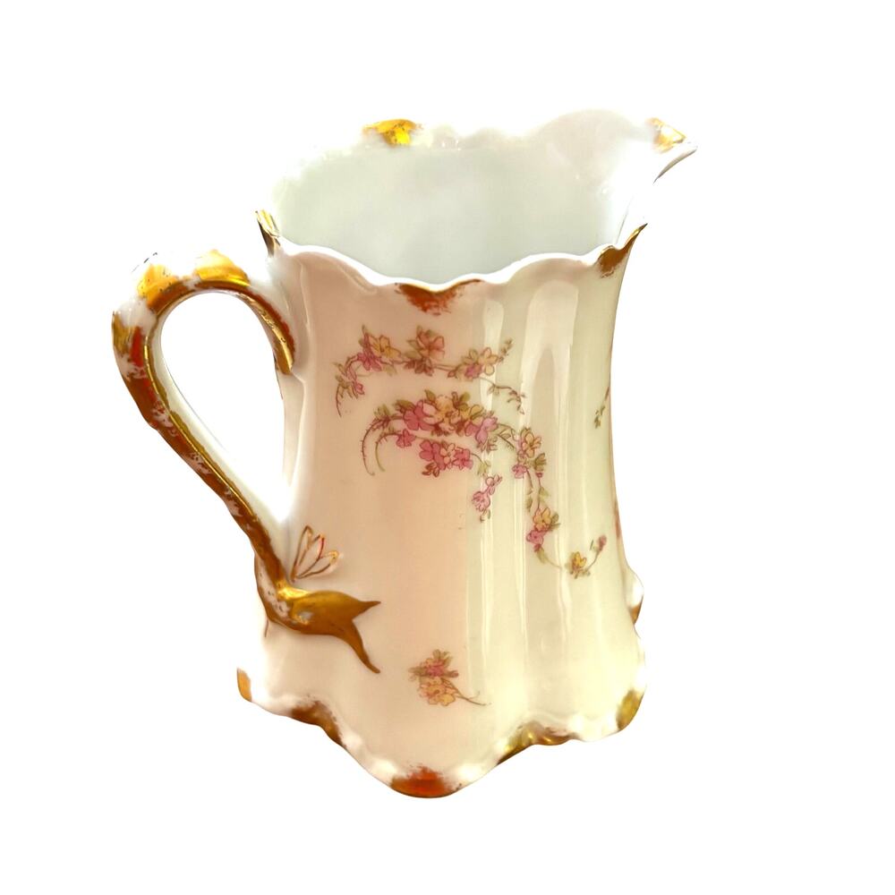 Haviland Limoges France creamer pitcher pink floral gold trim scalloped rim